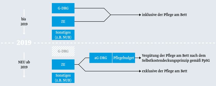 Das Diagramm veranschaulicht Veränderungen in der Vergütung von Pflegeleistungen in Deutschland bis und ab 2019. Es unterscheidet zwischen G-DRG, ZE und anderen Abrechnungen, mit Hinweisen auf die Vergütung der Pflege am Bett und entsprechenden Budgetregelungen.