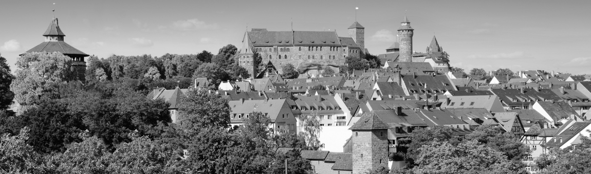 Blick auf die Altstadt mit traditionellen D&auml;chern und der historischen Burg im Hintergrund. Die Burg erhebt sich &uuml;ber die Stadt und ist von B&auml;umen umgeben, was eine malerische und beeindruckende Kulisse schafft. Die Szene ist in Schwarz-Wei&szlig; gehalten.